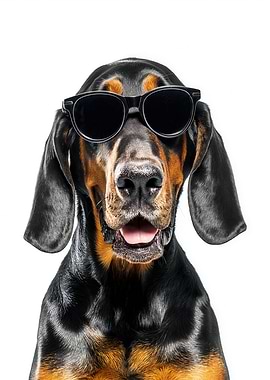 Cool Black and Tan Coonhound Dog with Sunglasses Portrait