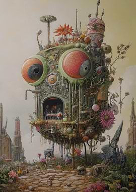 Surreal Mechanical Creature in Fantasy Landscape