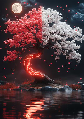 Red and White Cherry Blossom Tree