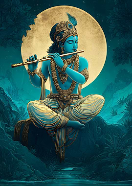 Krishna Playing Flute Under Moonlight