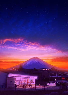 Mount Fuji at Sunset with Lawson Store