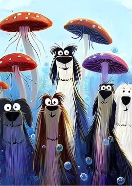 Cartoon Dogs with Mushrooms