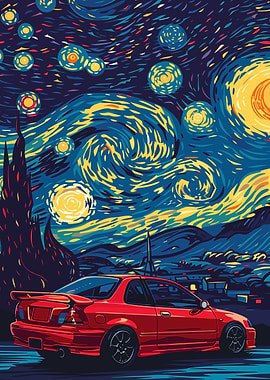 Red Car Starry Night Art