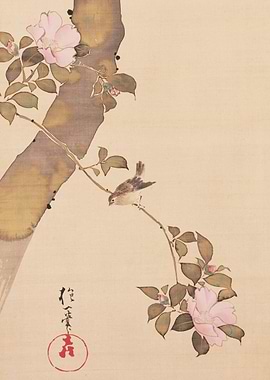Bird on Branch with Pink Flowers