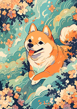 Shiba Inu in Floral Nature Minimalist Anime Art Illustration