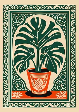 Monstera Plant Illustration with Decorative Border