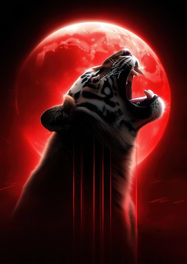 Roaring Tiger with Red Moon