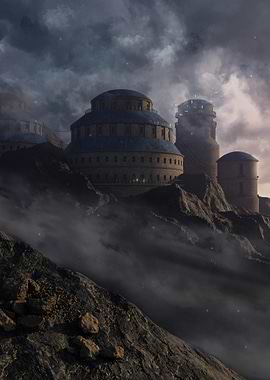 Mountain Fortress Under Cloudy Sky