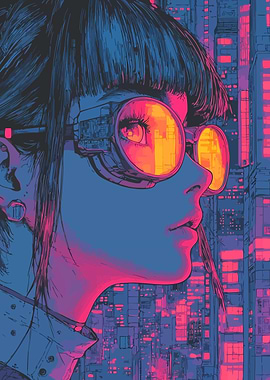 Retro Synth Cyberpunk Girl in Futuristic Cityscape Minimalist Anime Art Illustration