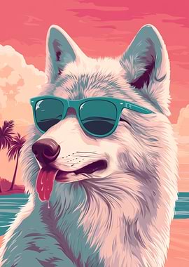 Cool Wolf on Beach with Sunglasses | Summer Wolf Tropical Vibes