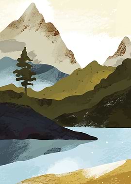 Watercolor Mountain Landscape with Lake