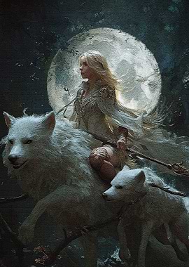 Fantasy Woman Riding Wolf Pack