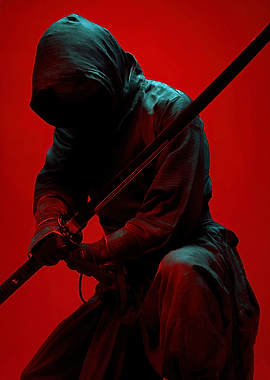Hooded Figure with Katana on Red