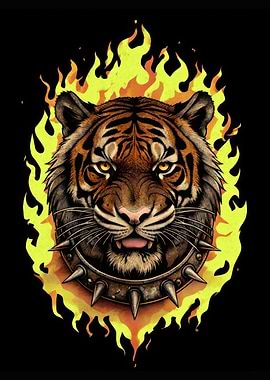 Tiger with Spiked Collar in Flames