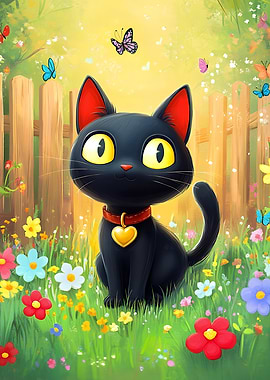 Cartoon Black Cat in Flower Garden