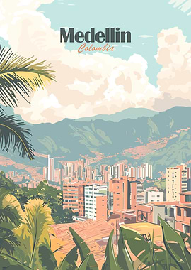 Medellin Colombia Cityscape Travel Poster