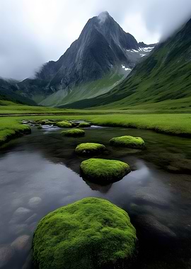 Mossy Stones in Mountain Stream