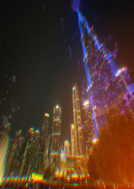 Dubai Skyline at Night with Glitch Effect