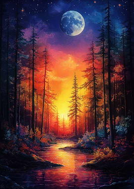 Moonlit Forest River