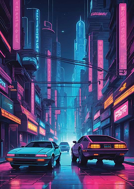 Neon Cityscape with Retro Cars