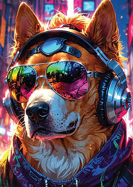 Cyberpunk Dog with Headphones and Glasses