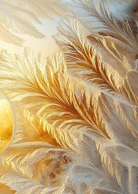 Frost patterns on glass, golden light