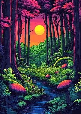 Vibrant Retro Mushroom Forest Minimalist Art Illustration