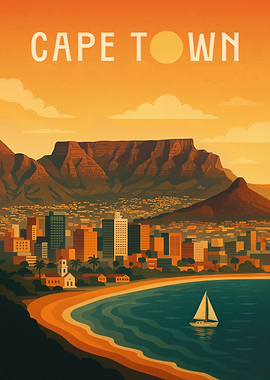 Cape Town Travel Poster South Africa – Table Mountain and Ocean Breeze
