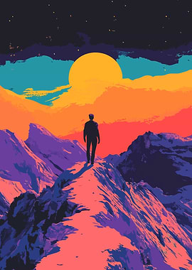 Mountain Peak Man Retro Minimalist Art Illustration