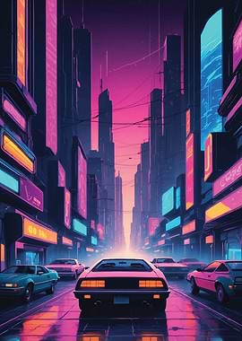 Retro Futuristic Cityscape with Cars
