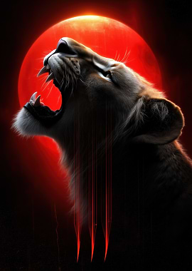 Roaring Lion with Red Moon