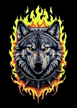 Wolf Head in Flames with Spiked Collar