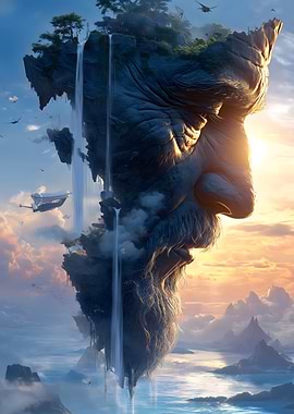 Floating Island Face with Waterfalls