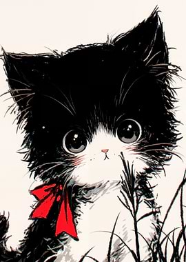 Cute Black and White Neko Cat with Red Bow