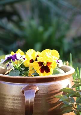 Pansies in a Brown Ceramic Pot