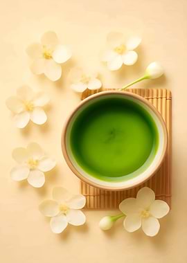 Matcha Tea with White Flowers