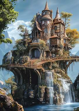 Fantasy Castle on Waterfall Cliff