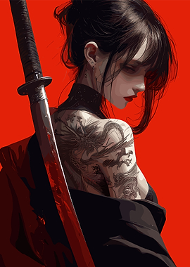 Tattooed Woman with Katana on Red
