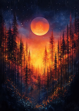Forest under a fiery moon