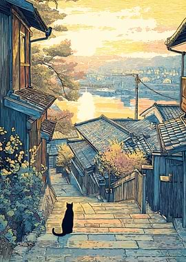 Japanese Street Scene with Black Cat