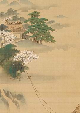 Japanese Landscape Painting with House and Trees