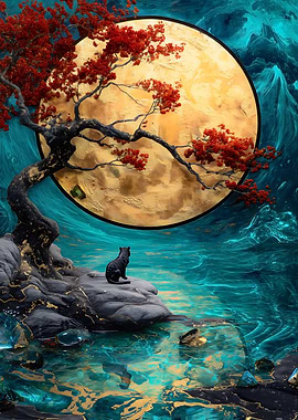 Black Cat Under Red Tree by Water