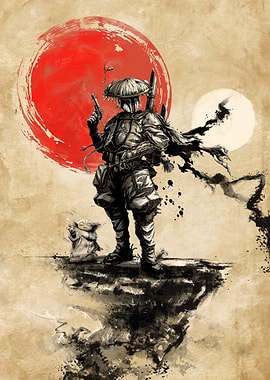 Mandalorian and Grogu in Sumi-e Style