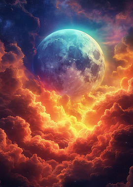 Celestial Moon Above Fiery Clouds