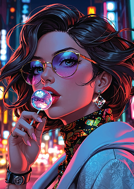 Woman with Lollipop in Cityscape