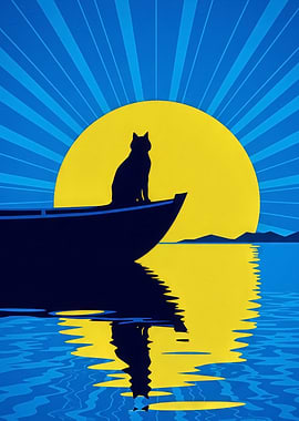 Cat on Boat Silhouette at Sunset