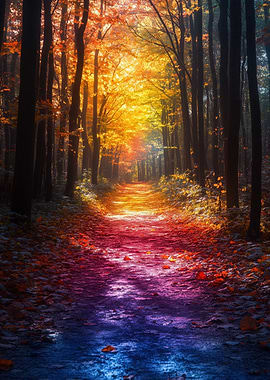 Autumn Forest Path with Colorful Leaves