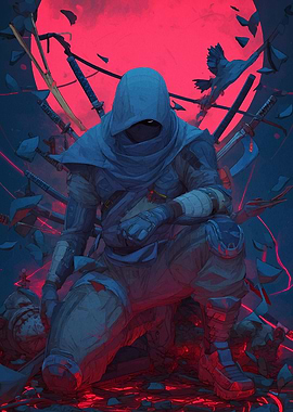 Hooded Warrior with Swords and Red Moon