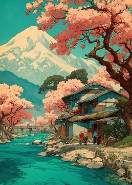 Japanese Landscape with Cherry Blossoms