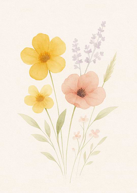 Watercolor Floral Bouquet on Cream Background